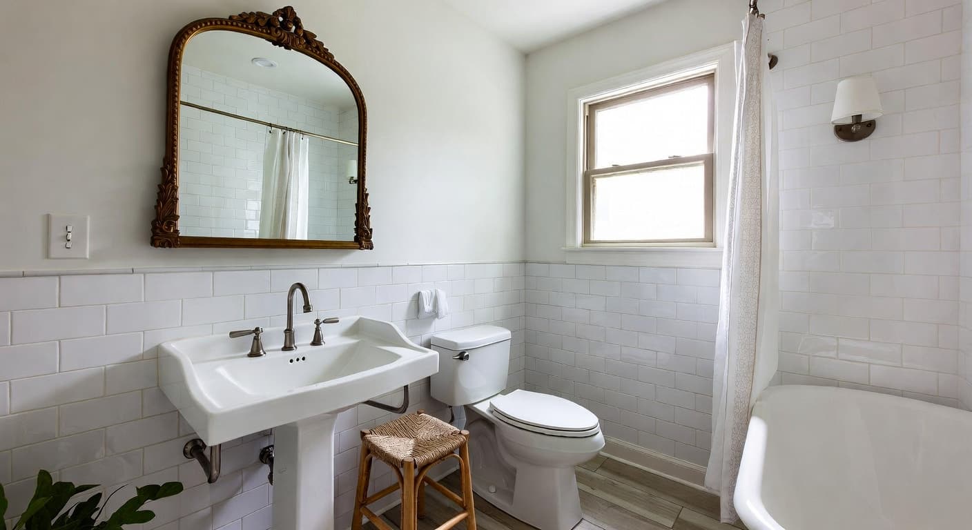 Cottage powder room interior design - featuring cottage style furniture, decor, colors, and layout ideas for your powder room