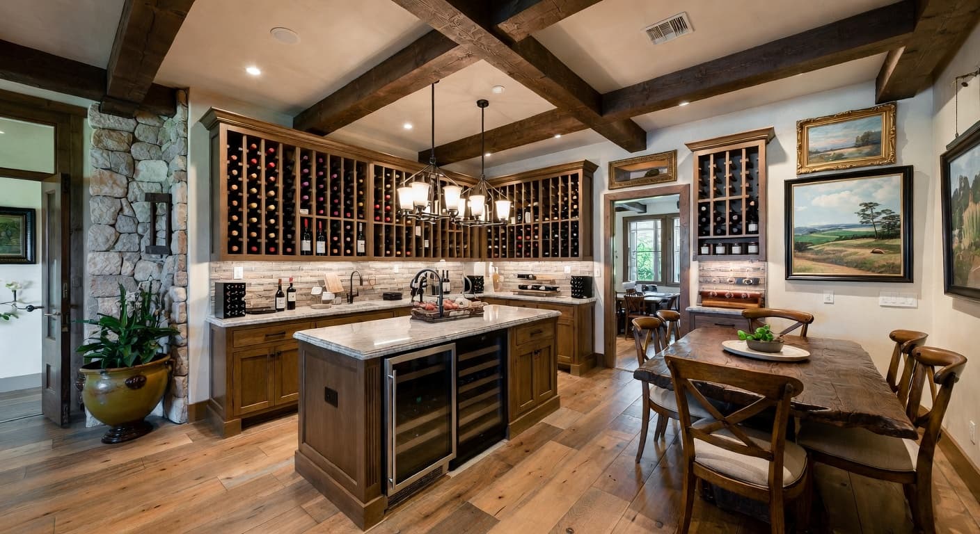 Cottage wine cellar interior design - featuring cottage style furniture, decor, colors, and layout ideas for your wine cellar