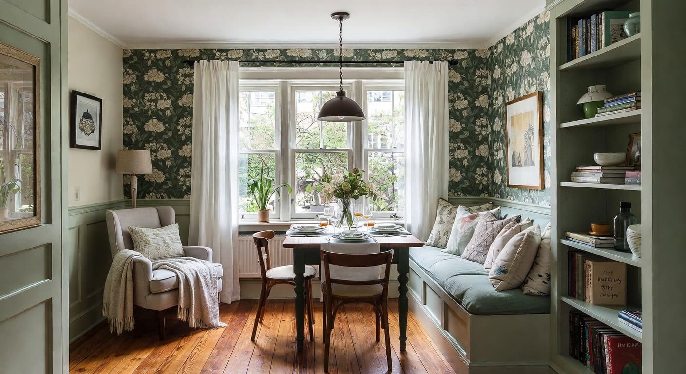 Cottagecore breakfast nook interior design - featuring cottagecore style furniture, decor, colors, and layout ideas for your breakfast nook