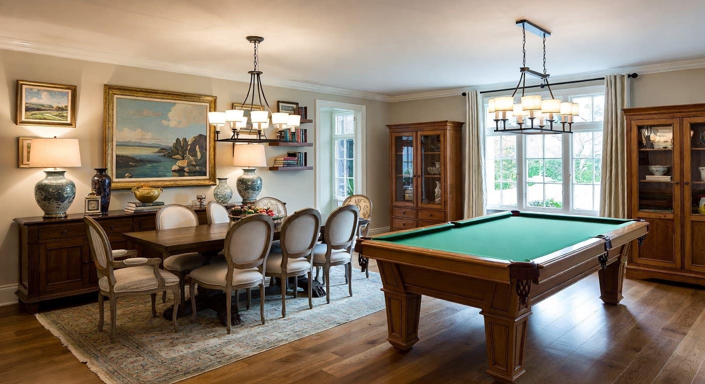 Country billiards room interior design - featuring country style furniture, decor, colors, and layout ideas for your billiards room
