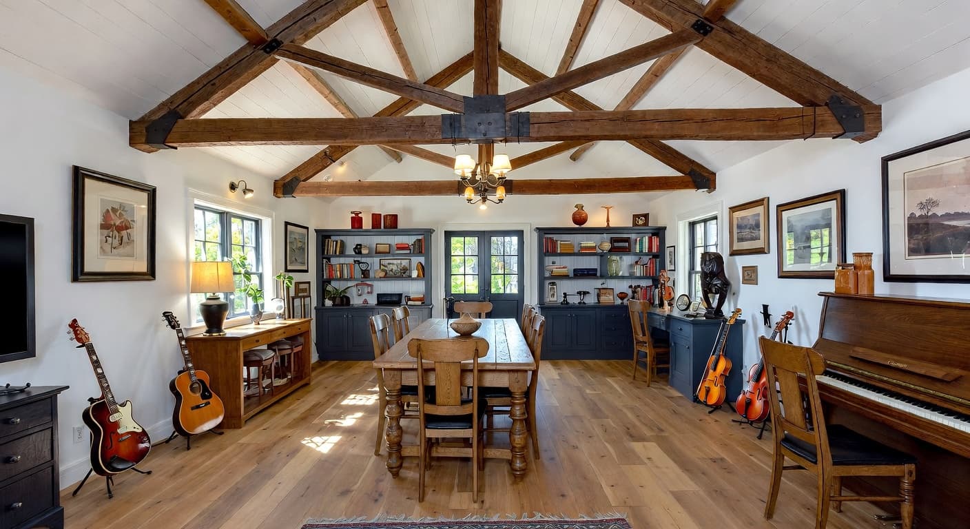 Country music room interior design - featuring country style furniture, decor, colors, and layout ideas for your music room