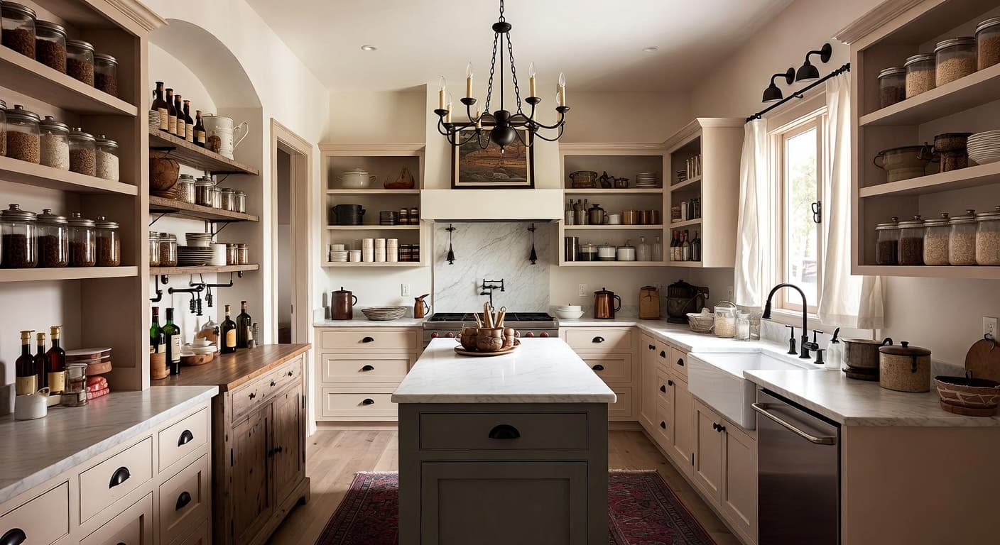 Country pantry interior design - featuring country style furniture, decor, colors, and layout ideas for your pantry