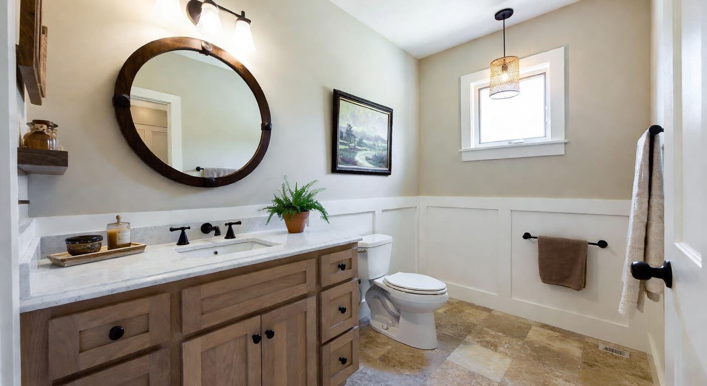 Country powder room interior design - featuring country style furniture, decor, colors, and layout ideas for your powder room