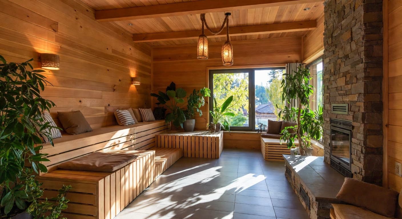 Country sauna / spa room interior design - featuring country style furniture, decor, colors, and layout ideas for your sauna / spa room
