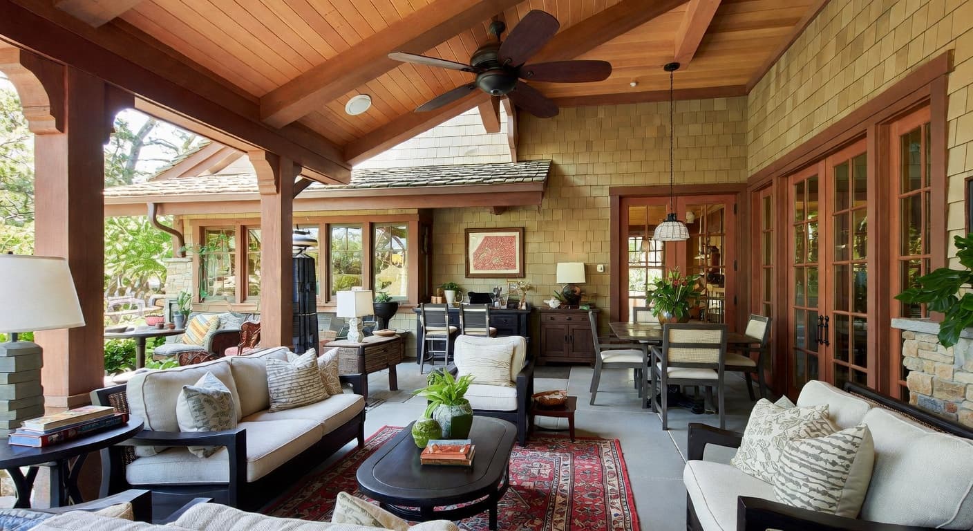 Craftsman outdoor space interior design - featuring craftsman style furniture, decor, colors, and layout ideas for your outdoor space