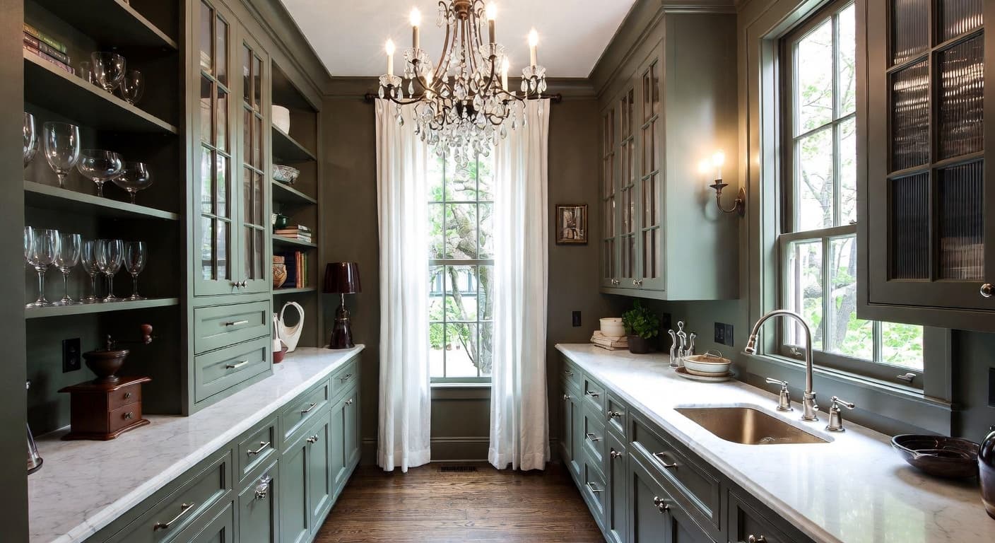 Dark Academia butler's pantry interior design - featuring dark academia style furniture, decor, colors, and layout ideas for your butler's pantry