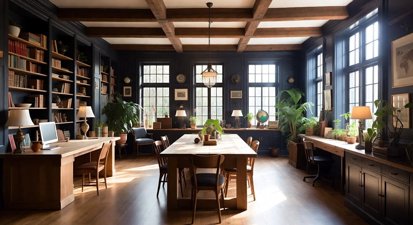 Dark Academia craft room / studio interior design - featuring dark academia style furniture, decor, colors, and layout ideas for your craft room / studio