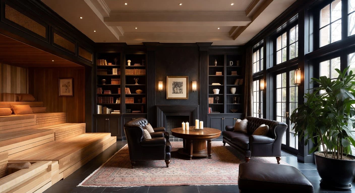 Dark Academia sauna / spa room interior design - featuring dark academia style furniture, decor, colors, and layout ideas for your sauna / spa room