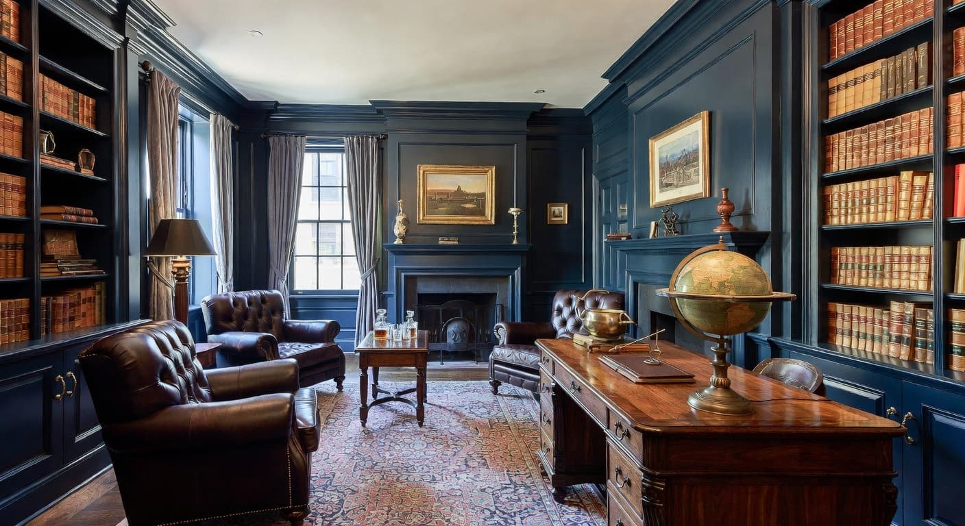 Dark Academia smoking room / cigar lounge interior design - featuring dark academia style furniture, decor, colors, and layout ideas for your smoking room / cigar lounge