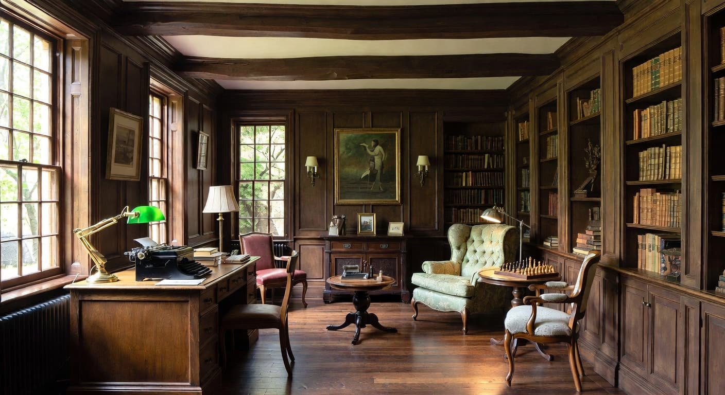 Dark Academia teen room / den interior design - featuring dark academia style furniture, decor, colors, and layout ideas for your teen room / den