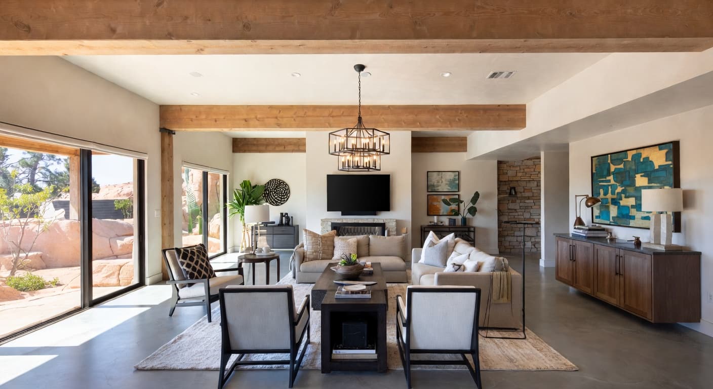 Desert Modern basement interior design - featuring desert modern style furniture, decor, colors, and layout ideas for your basement