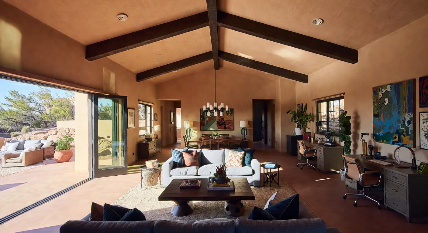 Desert Modern multi-purpose room interior design - featuring desert modern style furniture, decor, colors, and layout ideas for your multi-purpose room