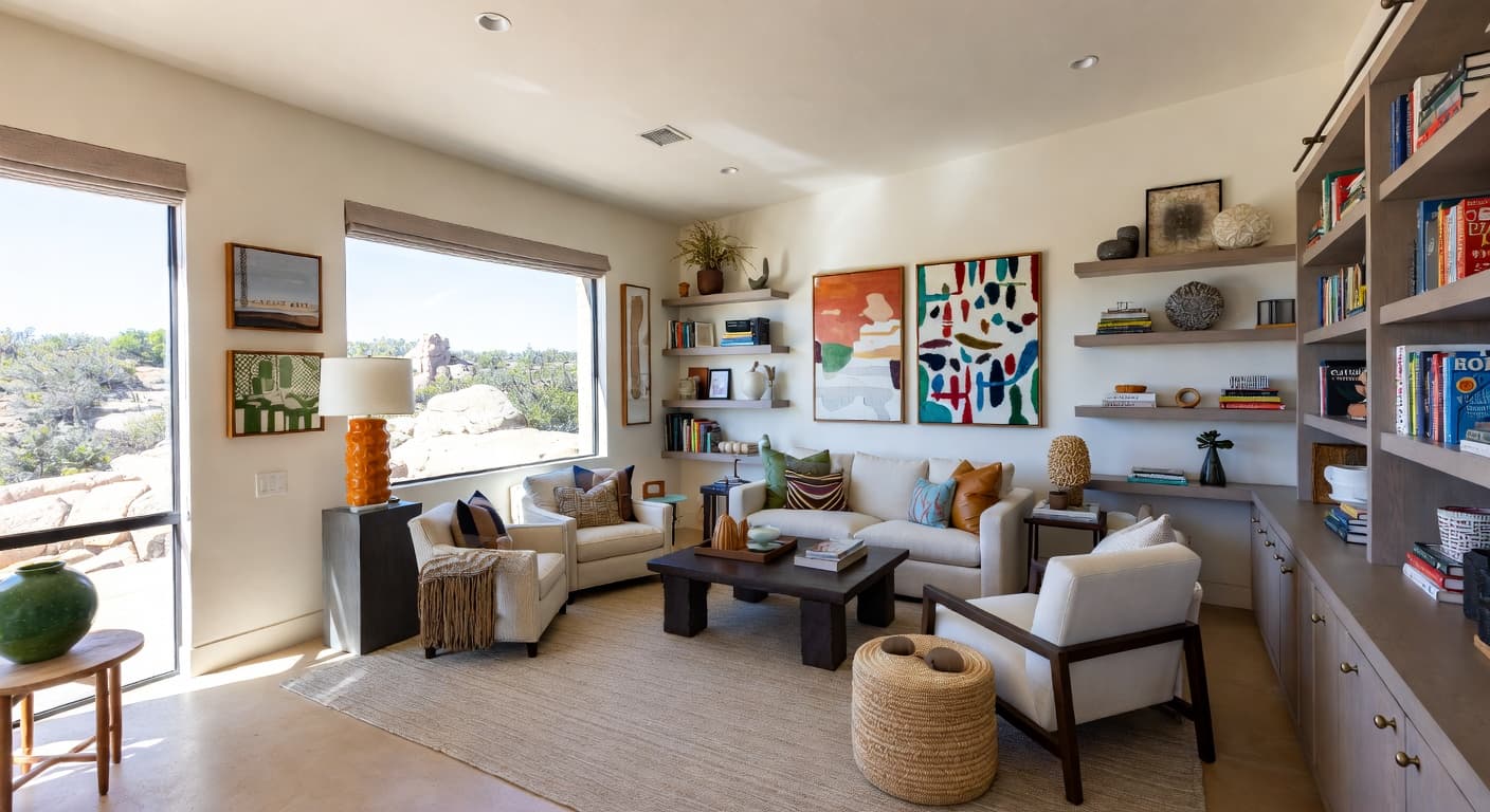 Desert Modern music room interior design - featuring desert modern style furniture, decor, colors, and layout ideas for your music room