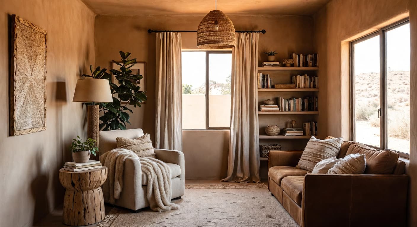 Desert Modern reading nook interior design - featuring desert modern style furniture, decor, colors, and layout ideas for your reading nook