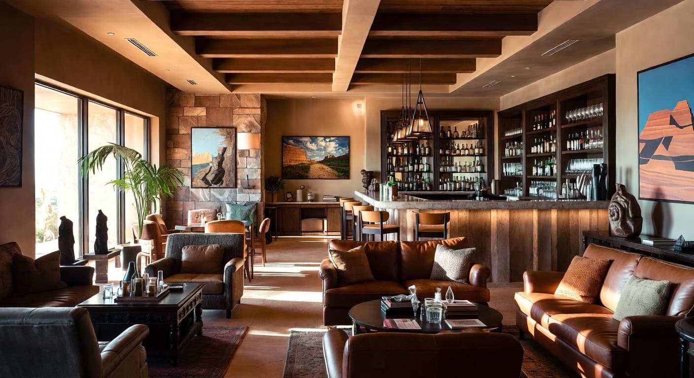 Desert Modern smoking room / cigar lounge interior design - featuring desert modern style furniture, decor, colors, and layout ideas for your smoking room / cigar lounge