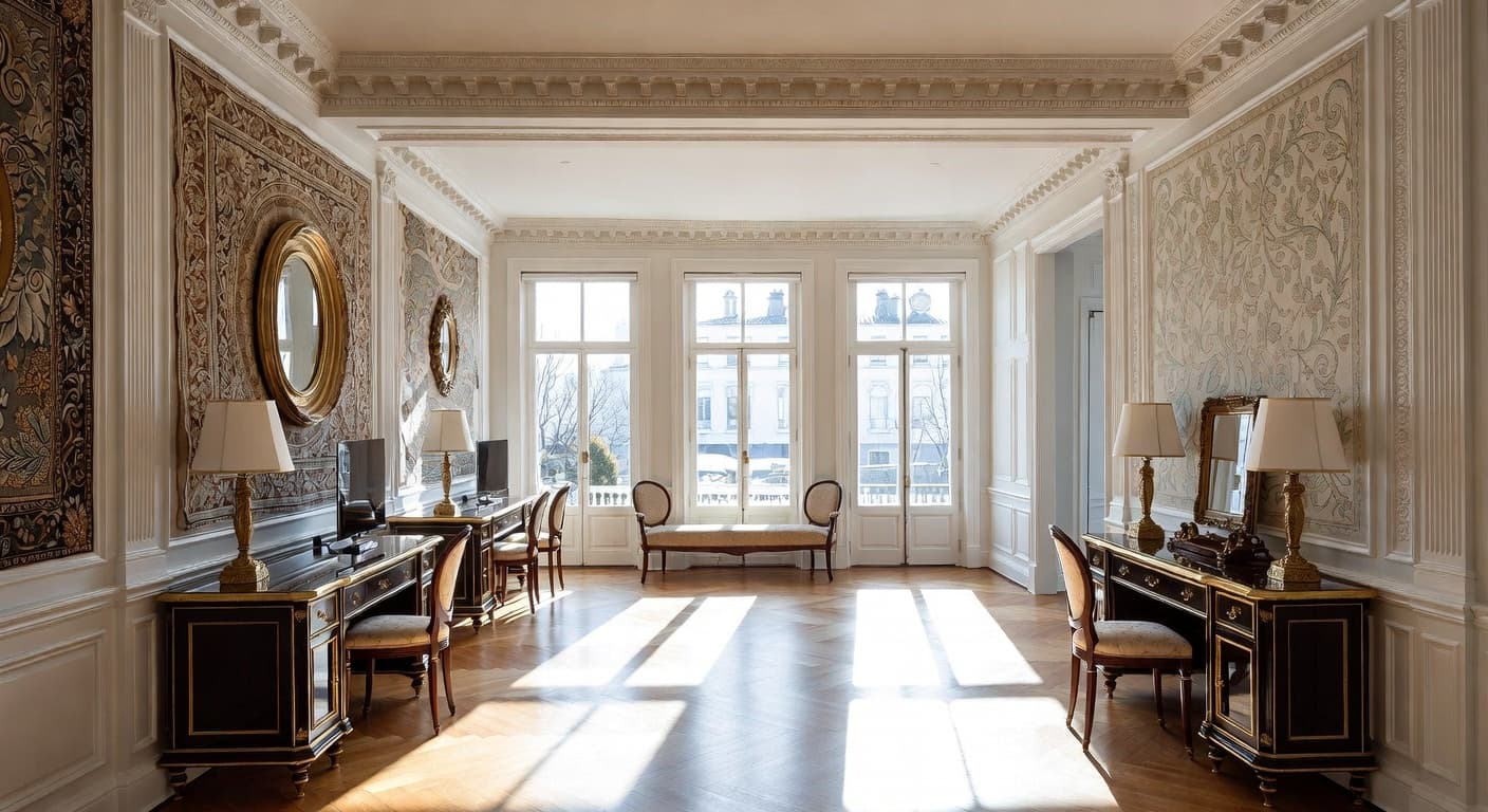 Digital Baroque craft room / studio interior design - featuring digital baroque style furniture, decor, colors, and layout ideas for your craft room / studio