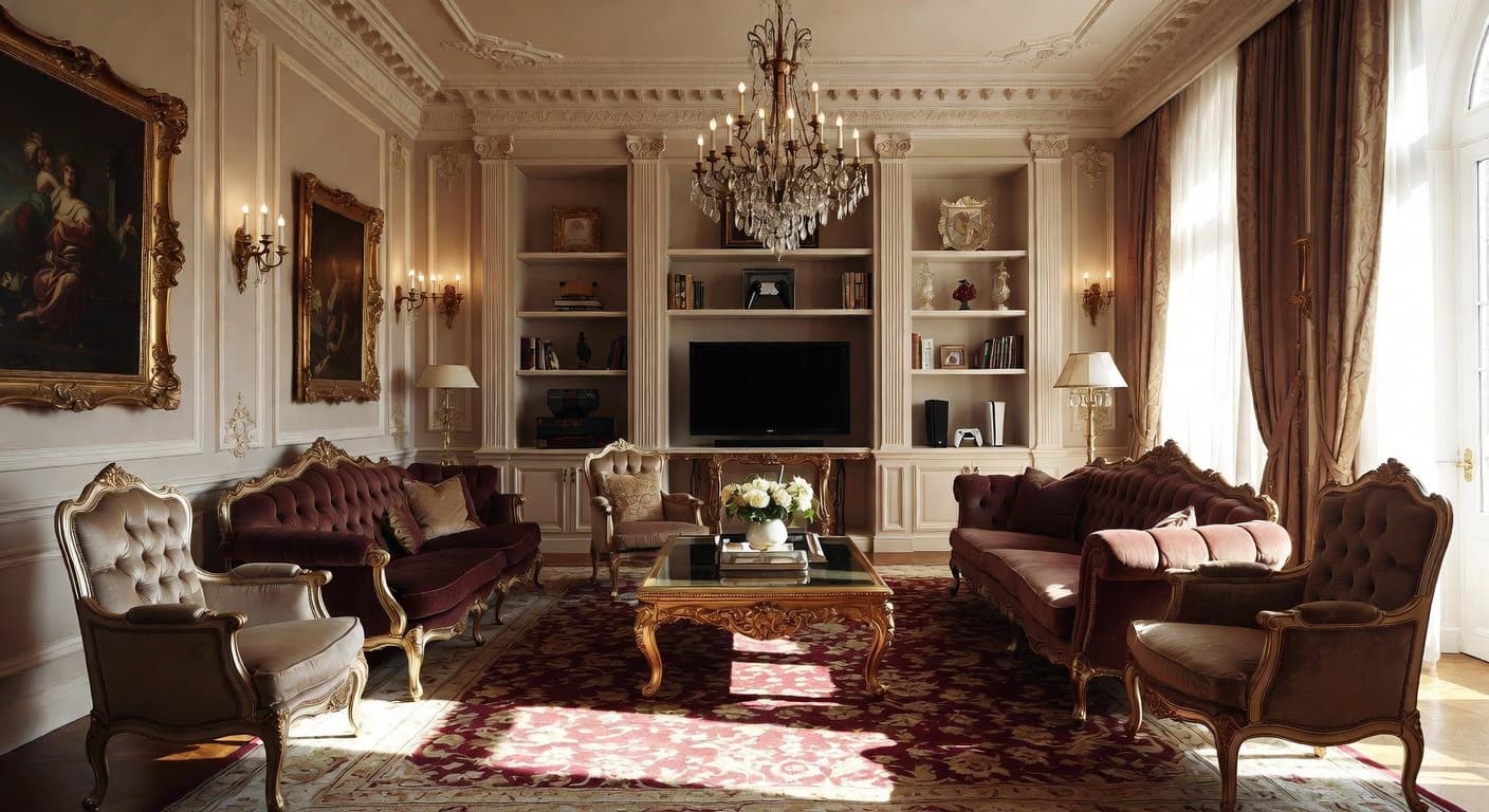 Digital Baroque game room interior design - featuring digital baroque style furniture, decor, colors, and layout ideas for your game room