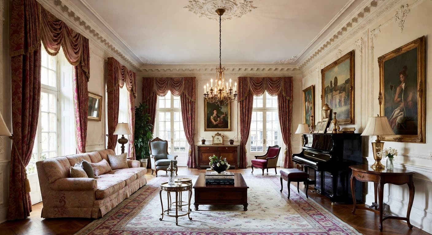 Digital Baroque music room interior design - featuring digital baroque style furniture, decor, colors, and layout ideas for your music room