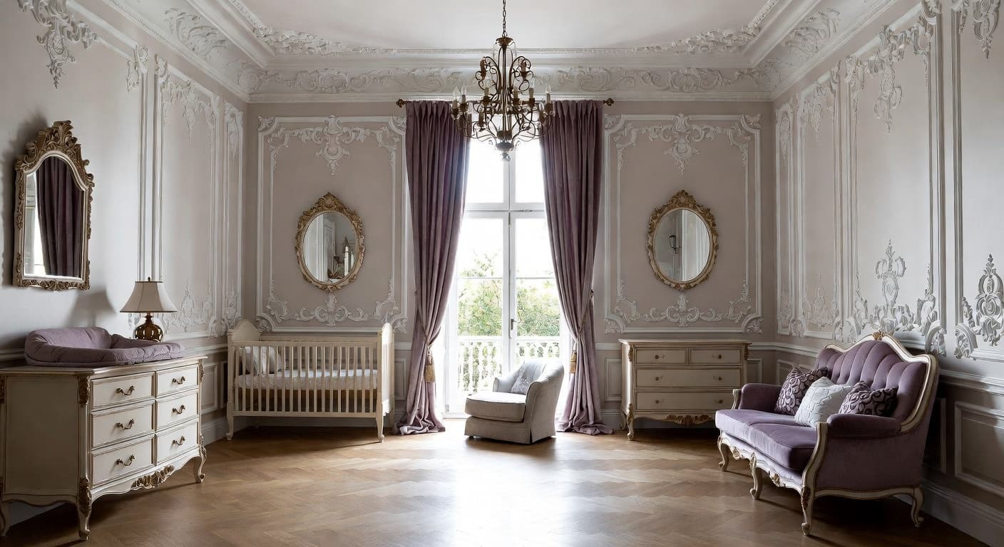 Digital Baroque nursery interior design - featuring digital baroque style furniture, decor, colors, and layout ideas for your nursery