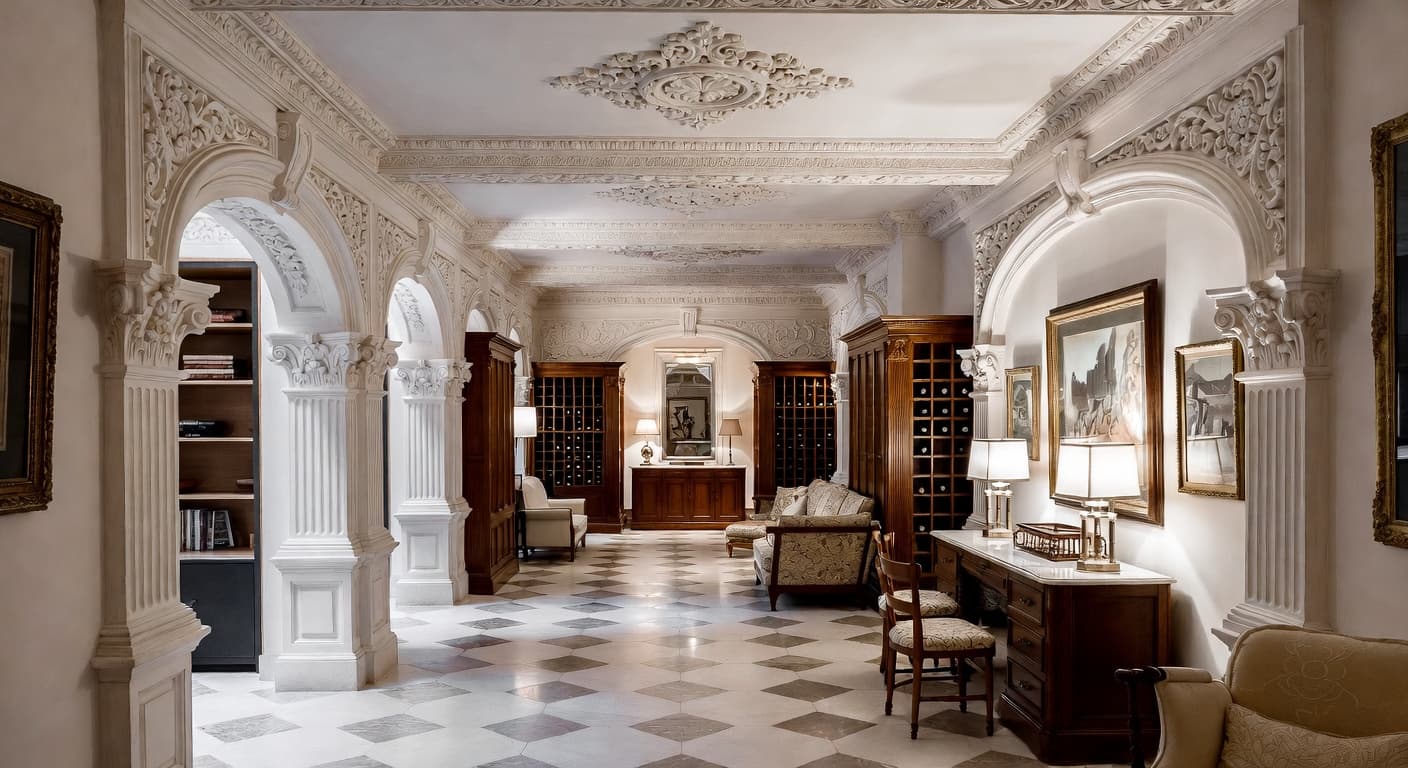 Digital Baroque wine cellar interior design - featuring digital baroque style furniture, decor, colors, and layout ideas for your wine cellar