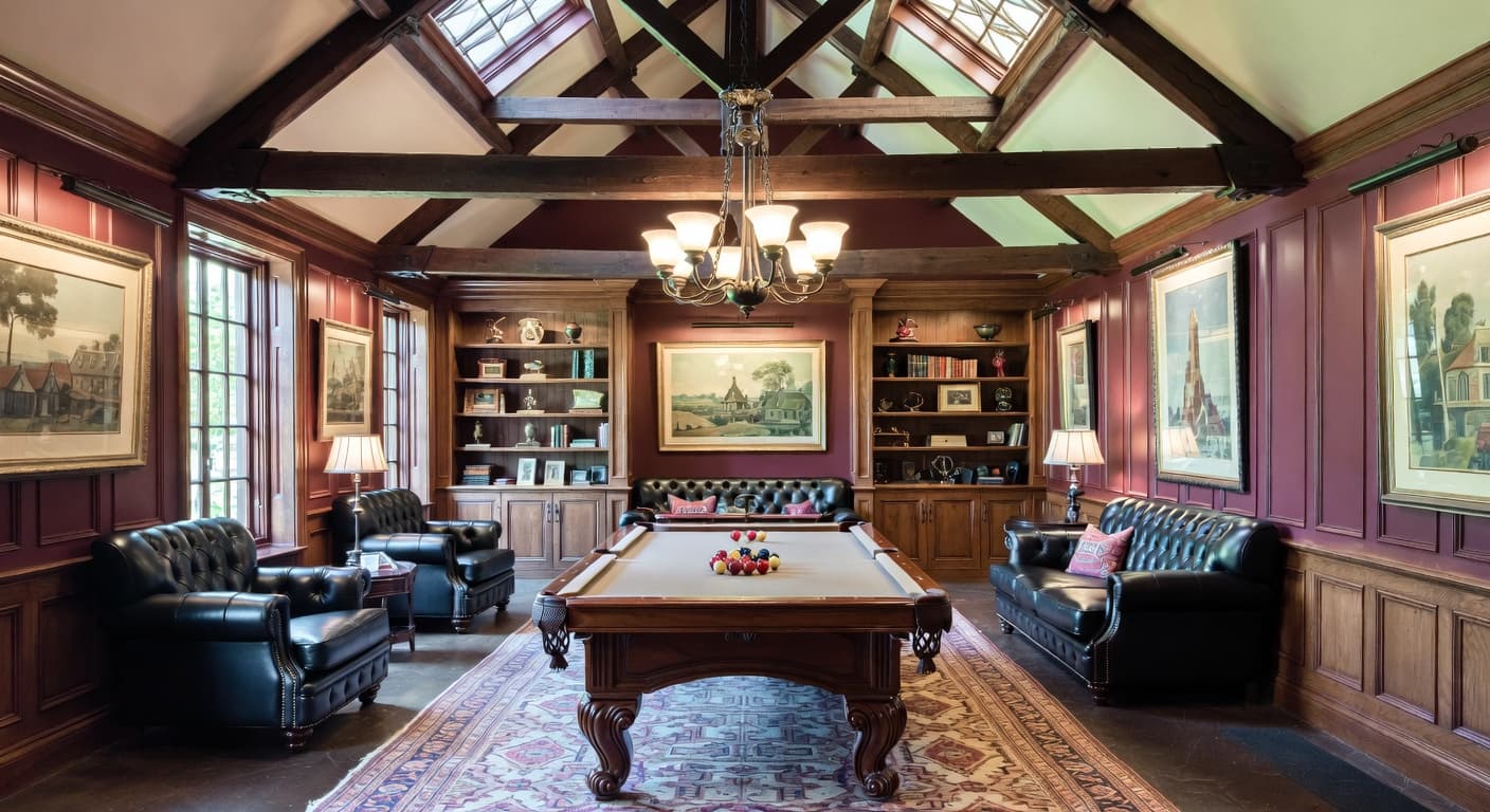 Dutch Colonial billiards room interior design - featuring dutch colonial style furniture, decor, colors, and layout ideas for your billiards room