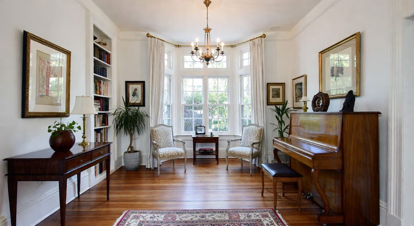 Dutch Colonial music room interior design - featuring dutch colonial style furniture, decor, colors, and layout ideas for your music room