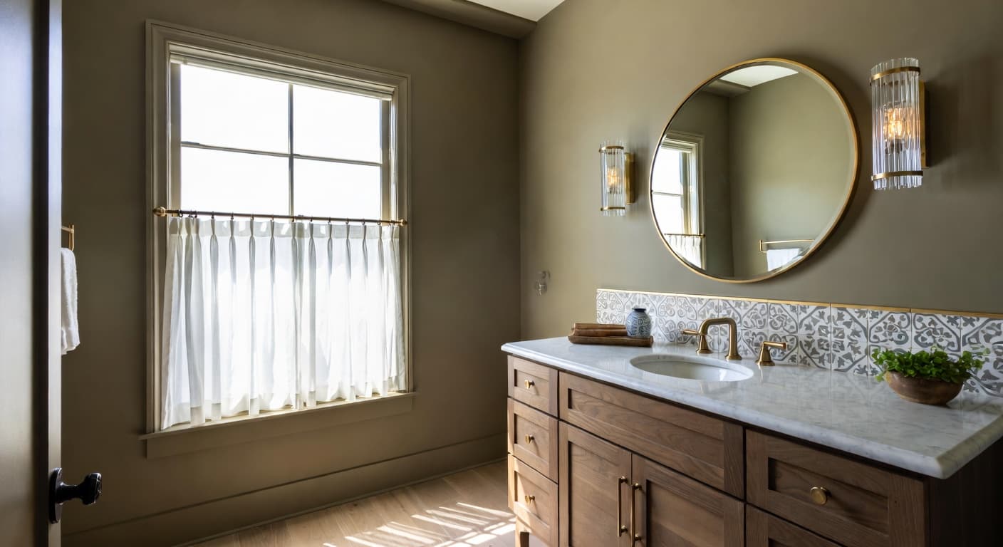 Dutch Colonial powder room interior design - featuring dutch colonial style furniture, decor, colors, and layout ideas for your powder room