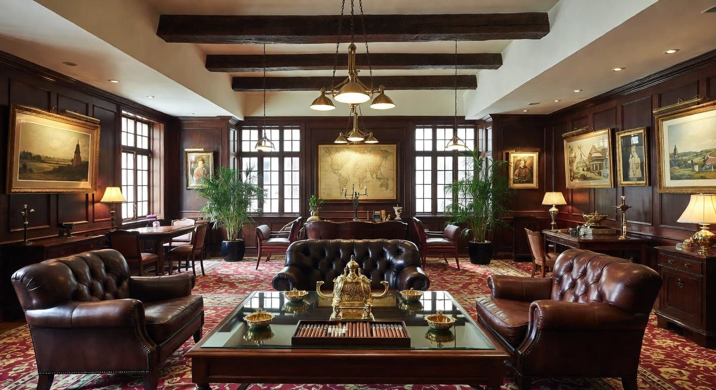 Dutch Colonial smoking room / cigar lounge interior design - featuring dutch colonial style furniture, decor, colors, and layout ideas for your smoking room / cigar lounge