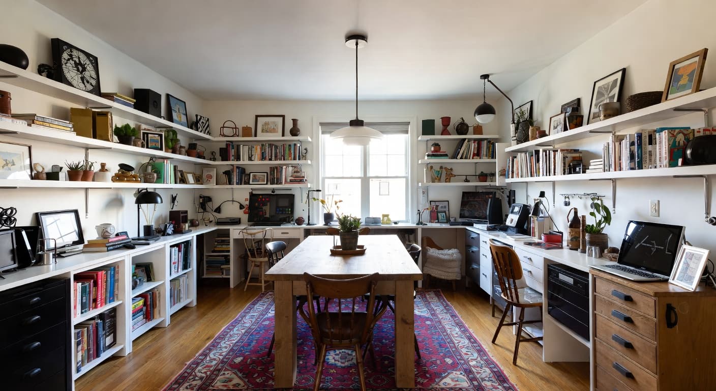 Eclectic craft room / studio interior design - featuring eclectic style furniture, decor, colors, and layout ideas for your craft room / studio