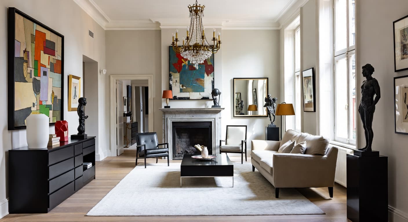 Eclectic gallery / art display interior design - featuring eclectic style furniture, decor, colors, and layout ideas for your gallery / art display