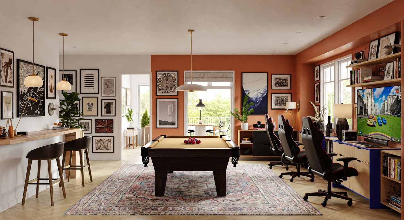 Eclectic game room interior design - featuring eclectic style furniture, decor, colors, and layout ideas for your game room