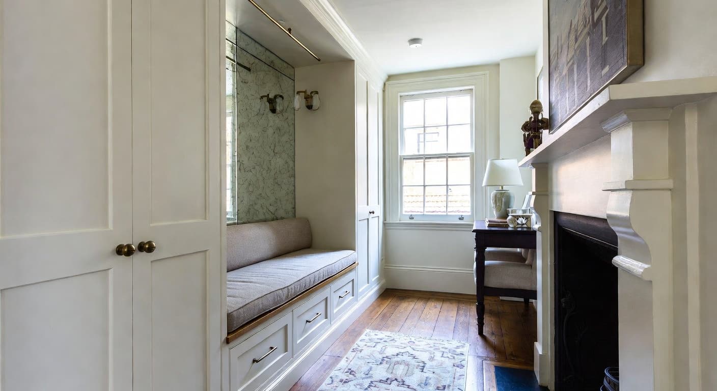Edwardian mudroom interior design - featuring edwardian style furniture, decor, colors, and layout ideas for your mudroom