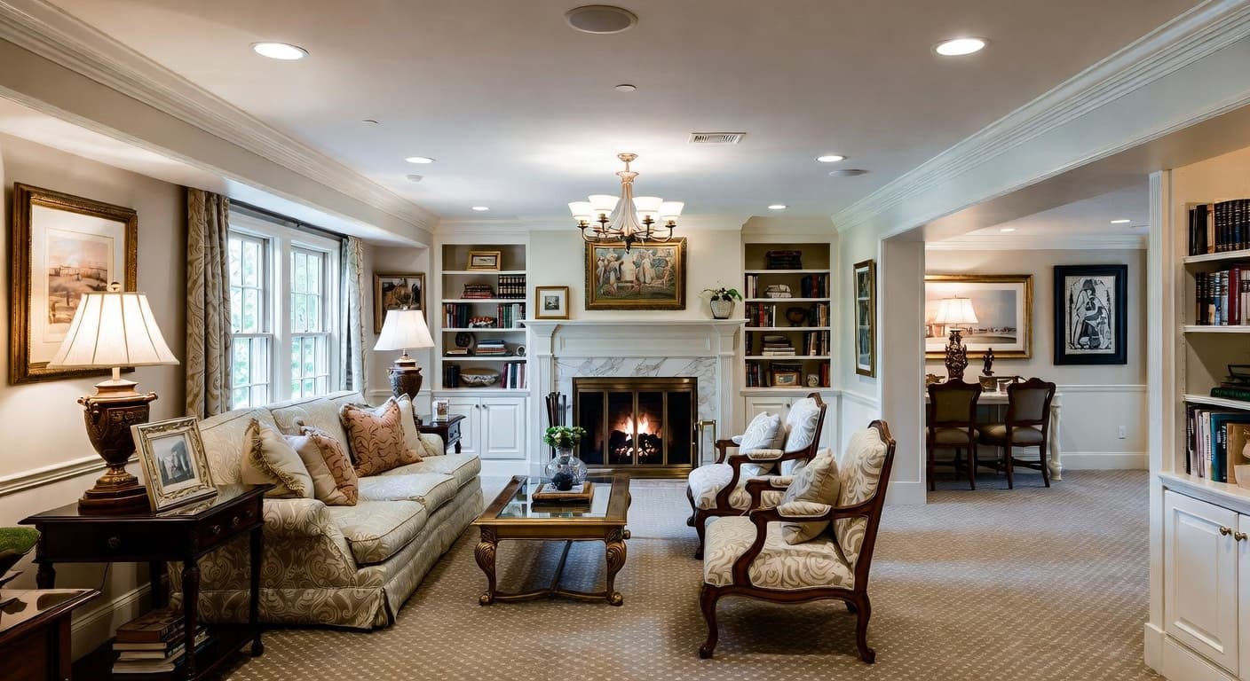 Federal basement interior design - featuring federal style furniture, decor, colors, and layout ideas for your basement