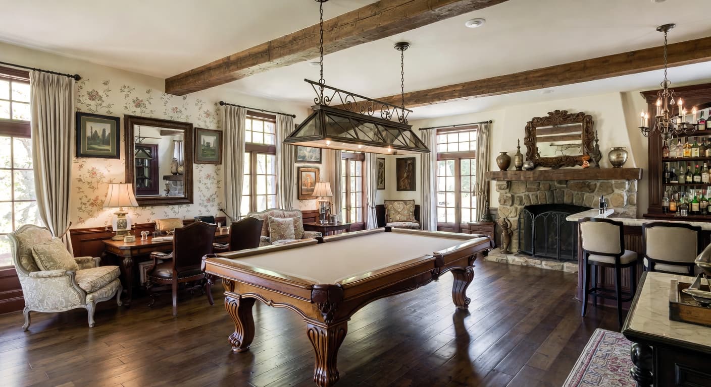 French Country billiards room interior design - featuring french country style furniture, decor, colors, and layout ideas for your billiards room