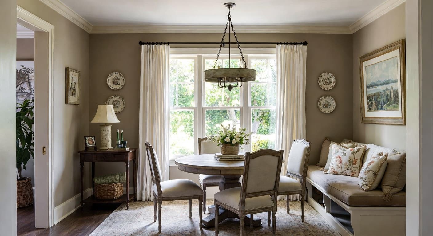 French Country breakfast nook interior design - featuring french country style furniture, decor, colors, and layout ideas for your breakfast nook