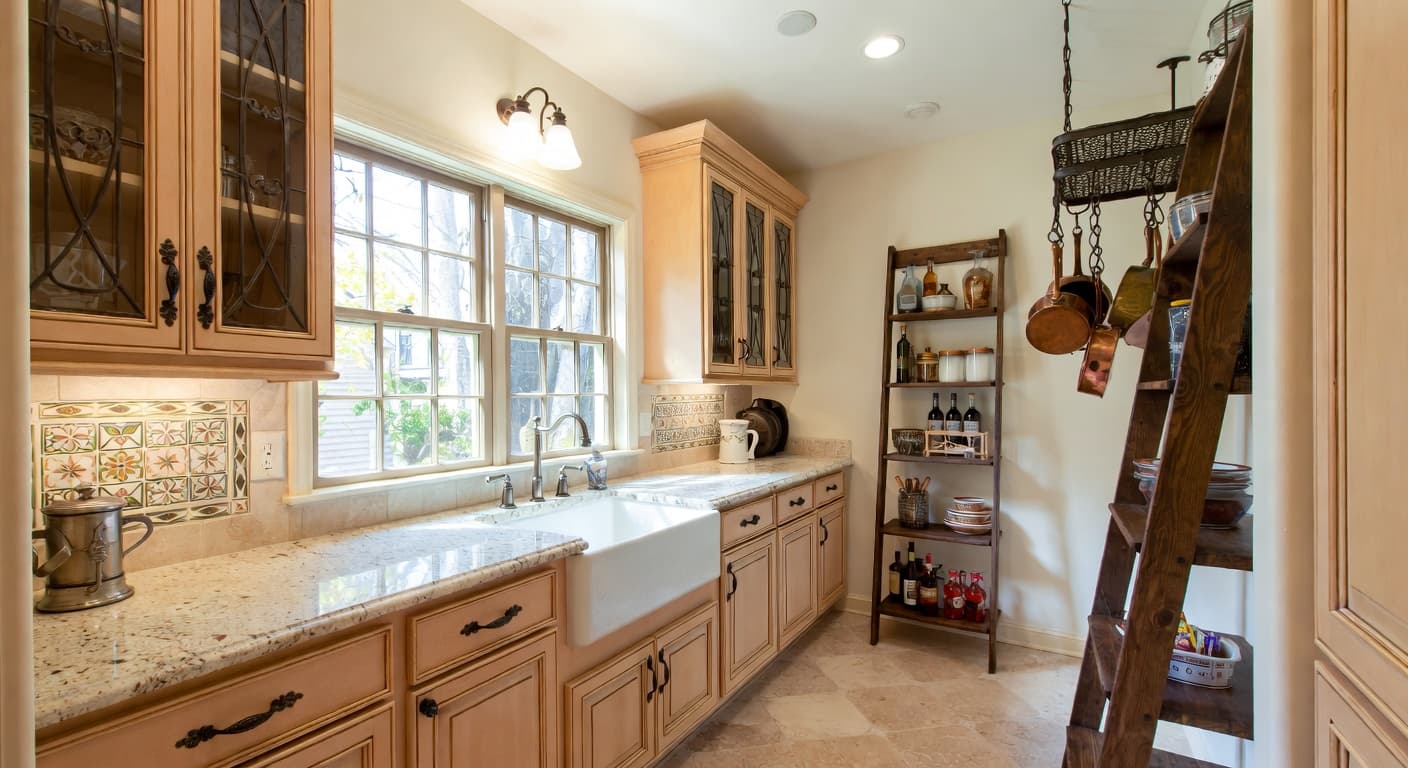 French Country butler's pantry interior design - featuring french country style furniture, decor, colors, and layout ideas for your butler's pantry