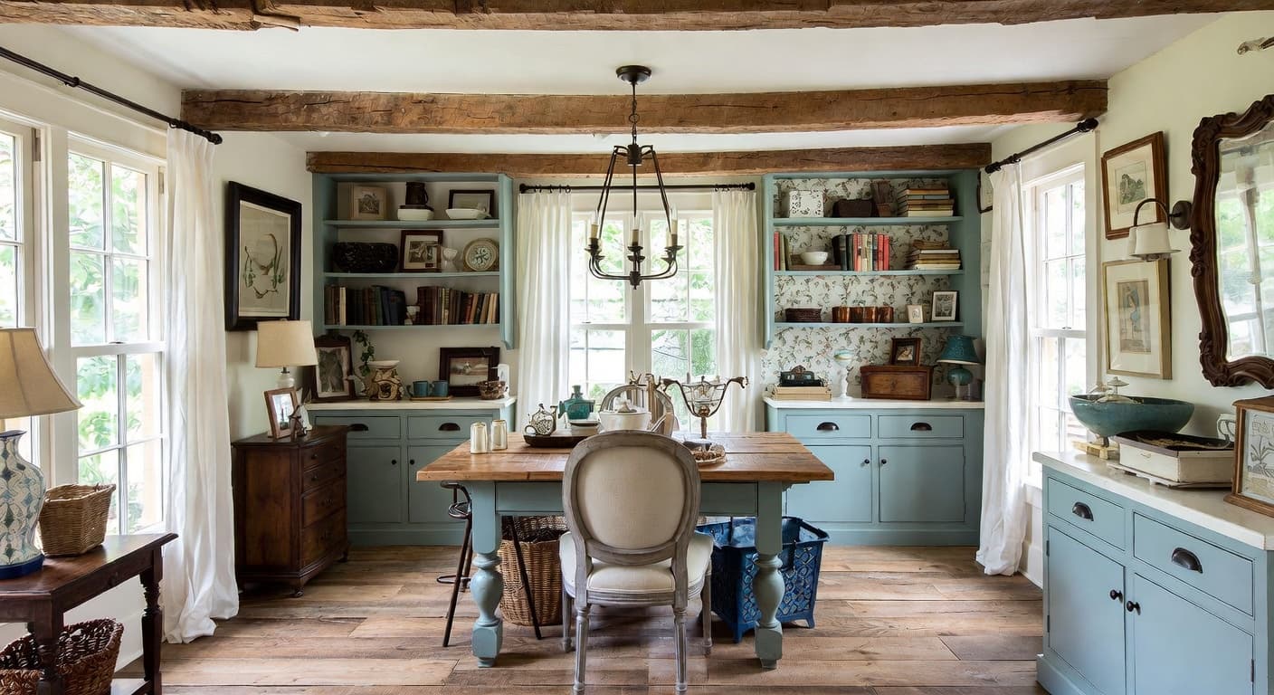 French Country craft room / studio interior design - featuring french country style furniture, decor, colors, and layout ideas for your craft room / studio