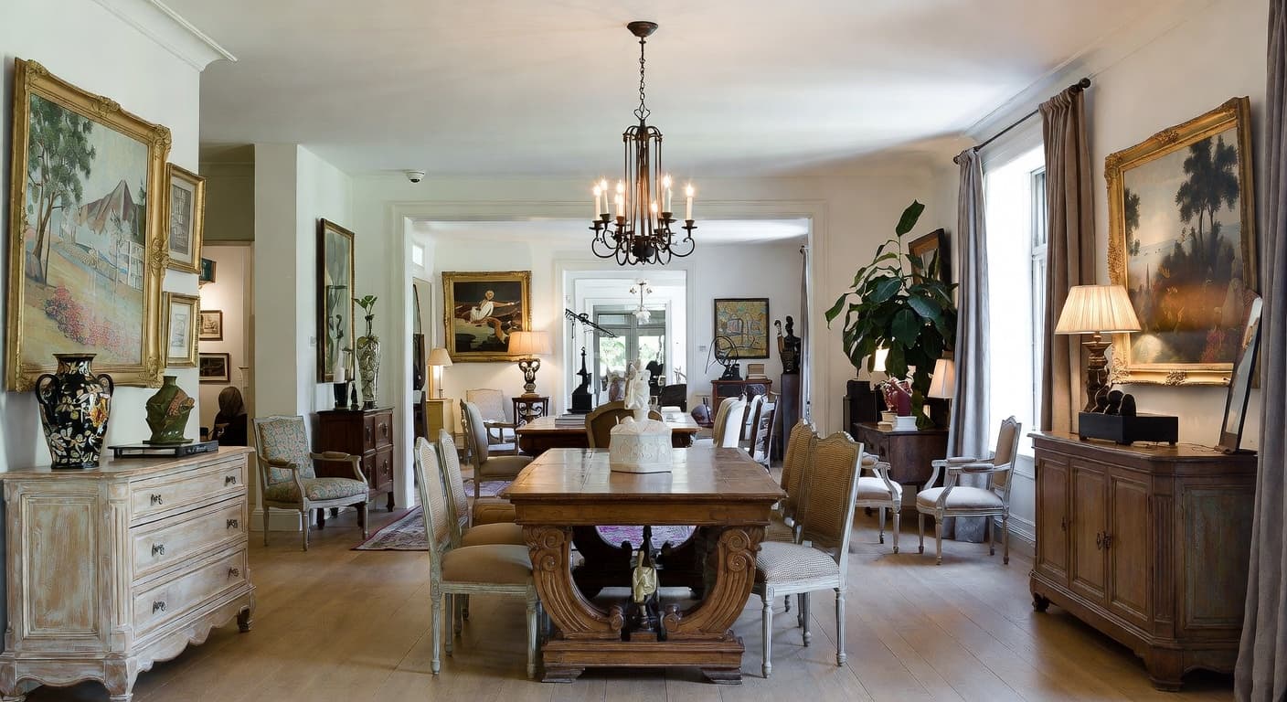 French Country gallery / art display interior design - featuring french country style furniture, decor, colors, and layout ideas for your gallery / art display