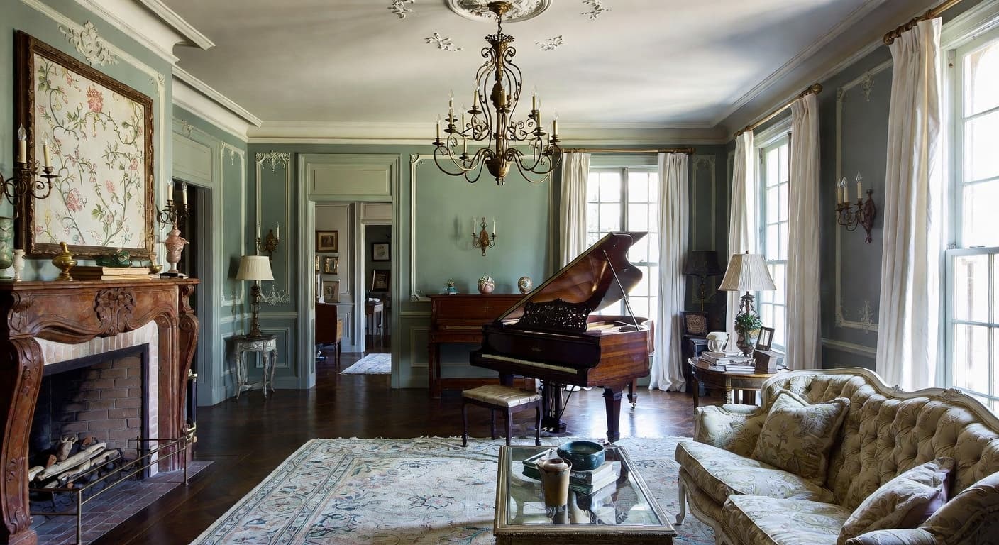 French Country music room interior design - featuring french country style furniture, decor, colors, and layout ideas for your music room