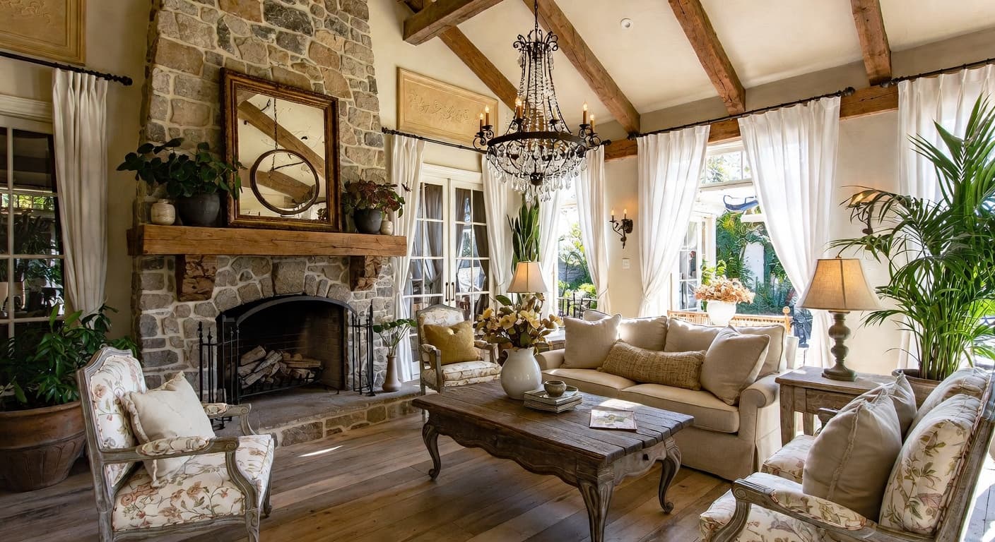 French Country outdoor space interior design - featuring french country style furniture, decor, colors, and layout ideas for your outdoor space