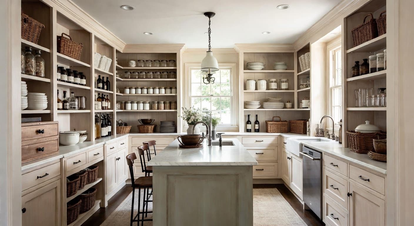 French Country pantry interior design - featuring french country style furniture, decor, colors, and layout ideas for your pantry