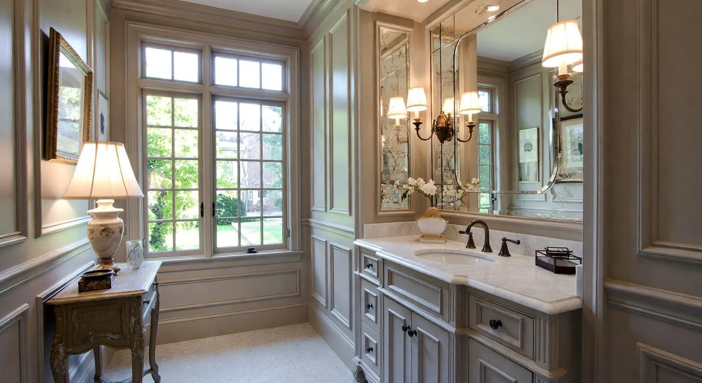 French Country powder room interior design - featuring french country style furniture, decor, colors, and layout ideas for your powder room