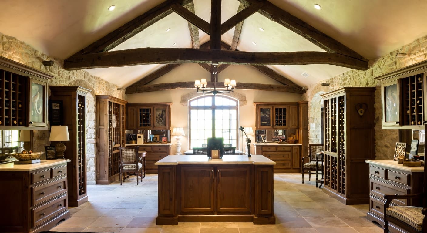 French Country wine cellar interior design - featuring french country style furniture, decor, colors, and layout ideas for your wine cellar