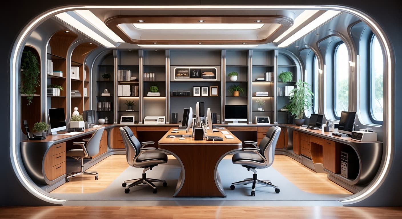 Futuristic craft room / studio interior design - featuring futuristic style furniture, decor, colors, and layout ideas for your craft room / studio