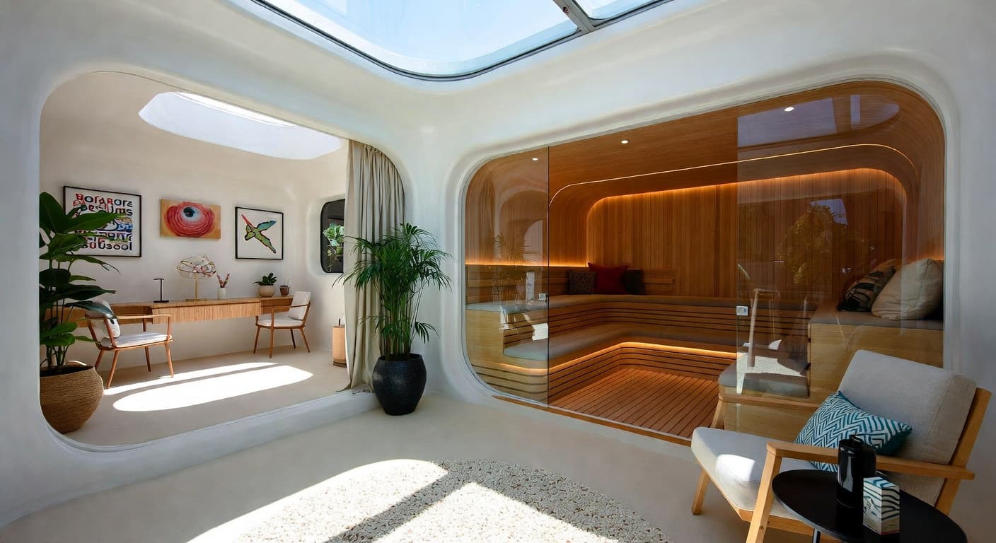 Futuristic sauna / spa room interior design - featuring futuristic style furniture, decor, colors, and layout ideas for your sauna / spa room