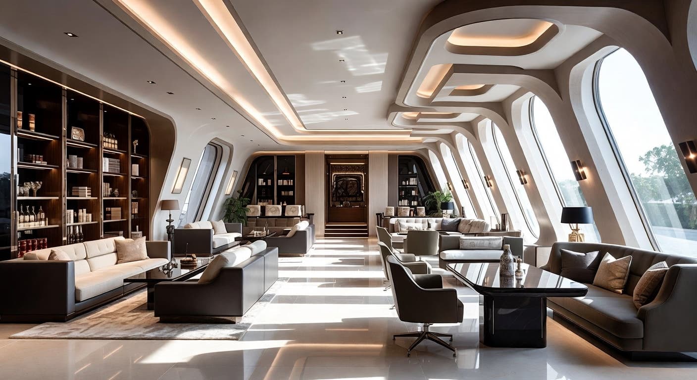 Futuristic smoking room / cigar lounge interior design - featuring futuristic style furniture, decor, colors, and layout ideas for your smoking room / cigar lounge