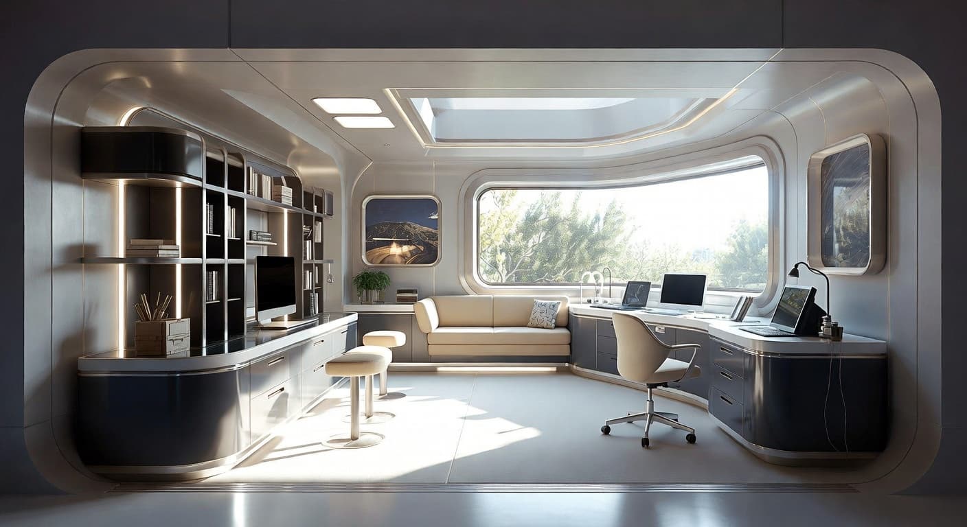 Futuristic utility room interior design - featuring futuristic style furniture, decor, colors, and layout ideas for your utility room