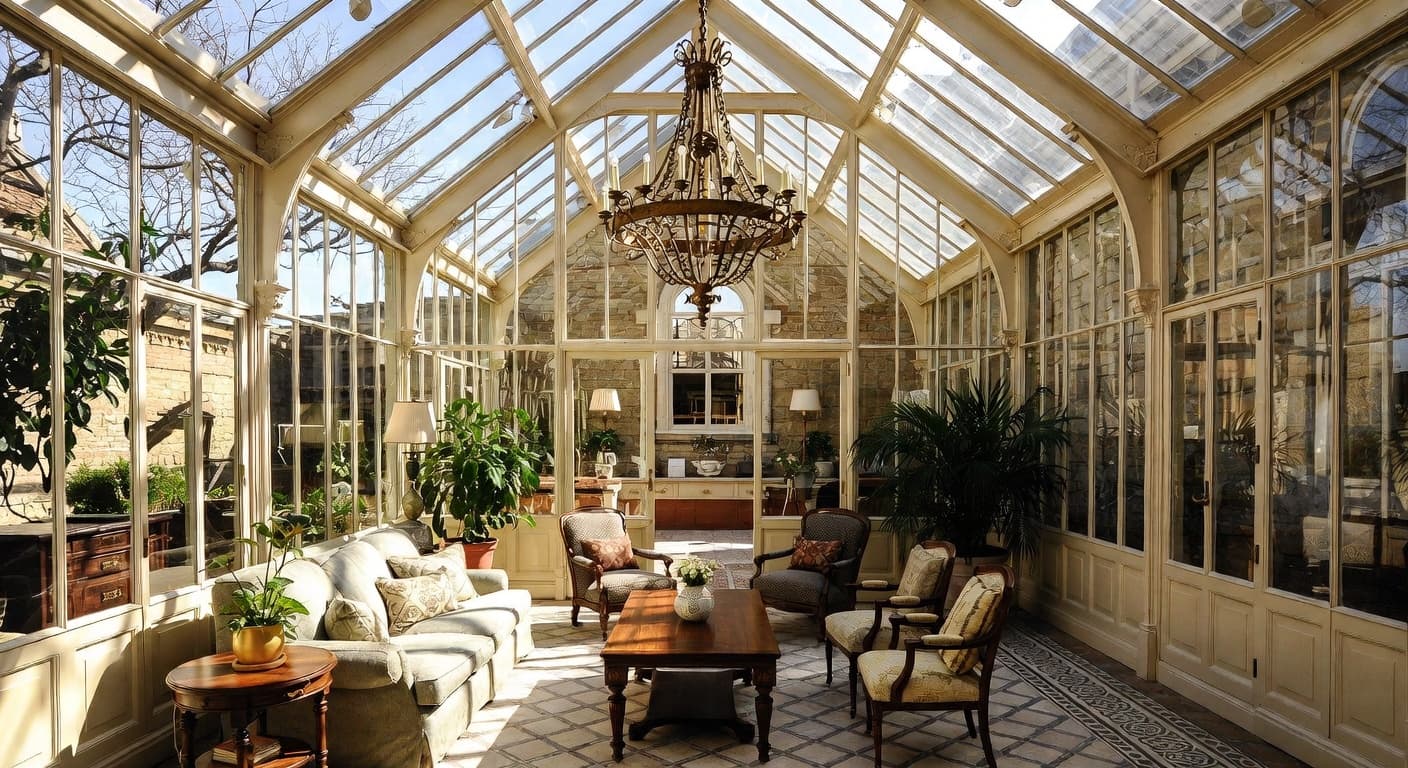 Georgian greenhouse interior design - featuring georgian style furniture, decor, colors, and layout ideas for your greenhouse