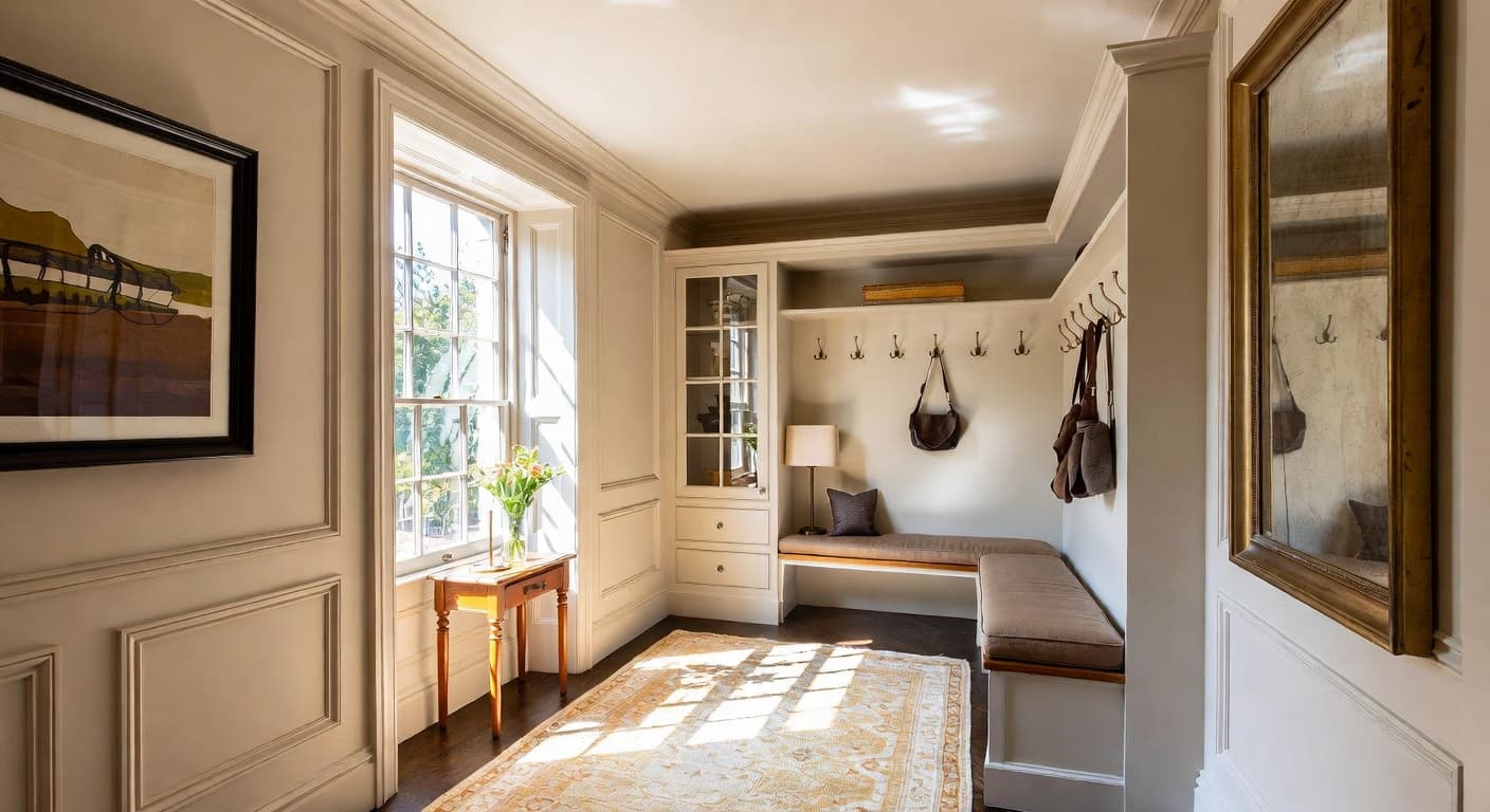 Georgian mudroom interior design - featuring georgian style furniture, decor, colors, and layout ideas for your mudroom