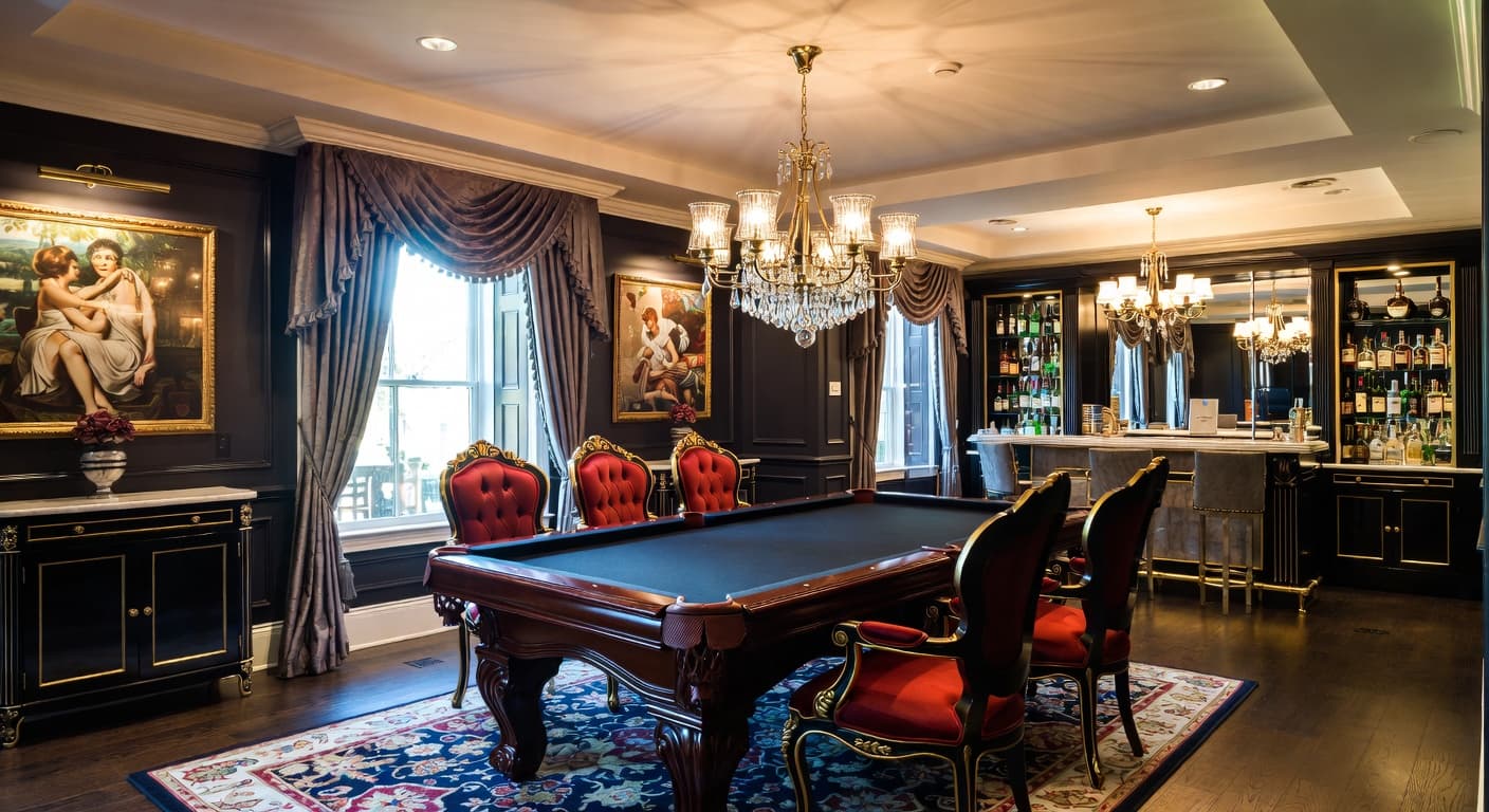 Glam billiards room interior design - featuring glam style furniture, decor, colors, and layout ideas for your billiards room